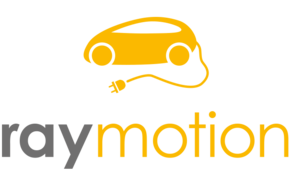 raymotion Logo - gelb; rundes Auto mit Stromkabel