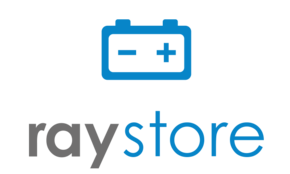 raystore Logo - blau; Batterie mit - und + Symbol